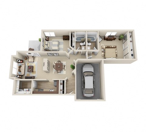Floor plan for 2 beds, 2 baths, 1043 sqft